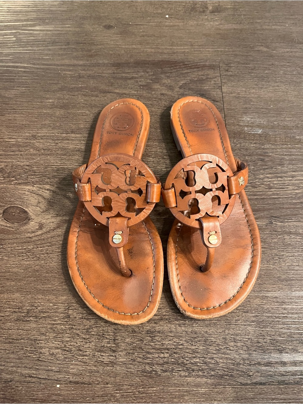 Tory Burch Cognac Leather Logo Thong Sandals